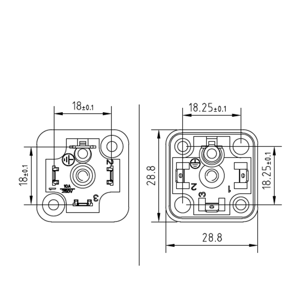 Soket bazası, kare, 28,8x28,8x9,1mm, ayak aralığı 18mm, 3+1 kutup, 250V AC/ 300VDC
