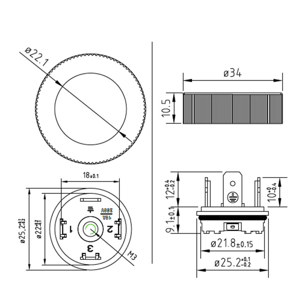 Soket bazası, yuvarlak, Ø34x10,5mm, ayak aralığı 18mm, 3+1 kutup, 250V AC/ 300VDC