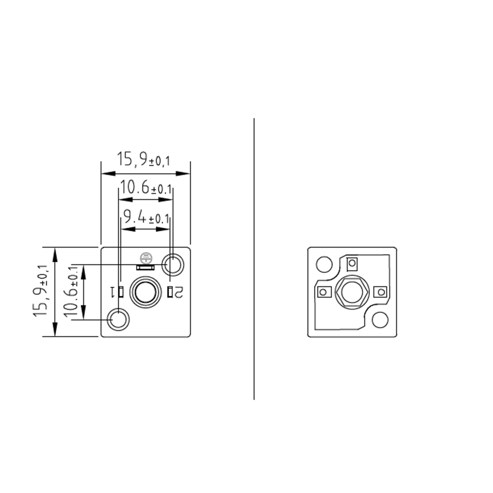 Soket bazası, kare, 15,9x15,9x8,5mm, ayak aralığı 9,4mm, 2+1 kutup, 250V AC/ 300VDC