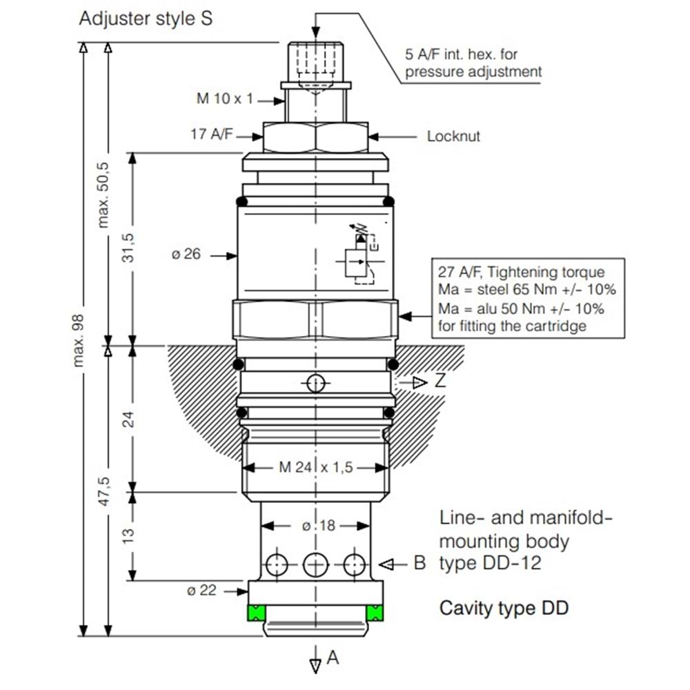 Basınç düşürücü, pilot uyarılı, 120lt, 10-65 bar, M24X1,5 (DD)