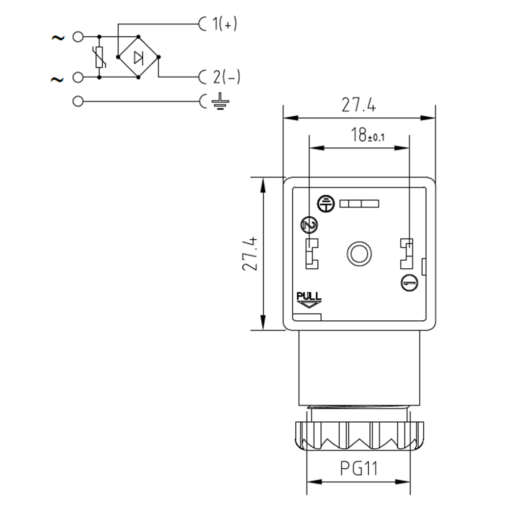 Soket, kare, 27,4x27,4x30mm, ayak aralığı 18mm, 2+1 kutup, akım korumalı, 24V AC