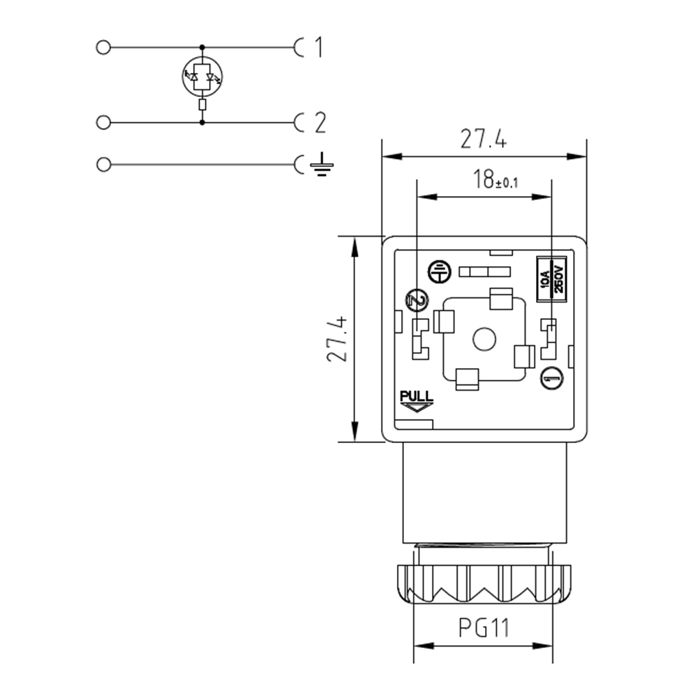 Soket, ledli, kare, 27,4x27,4x30mm, ayak aralığı 18mm, 2+1 kutup, 24V AC/DC