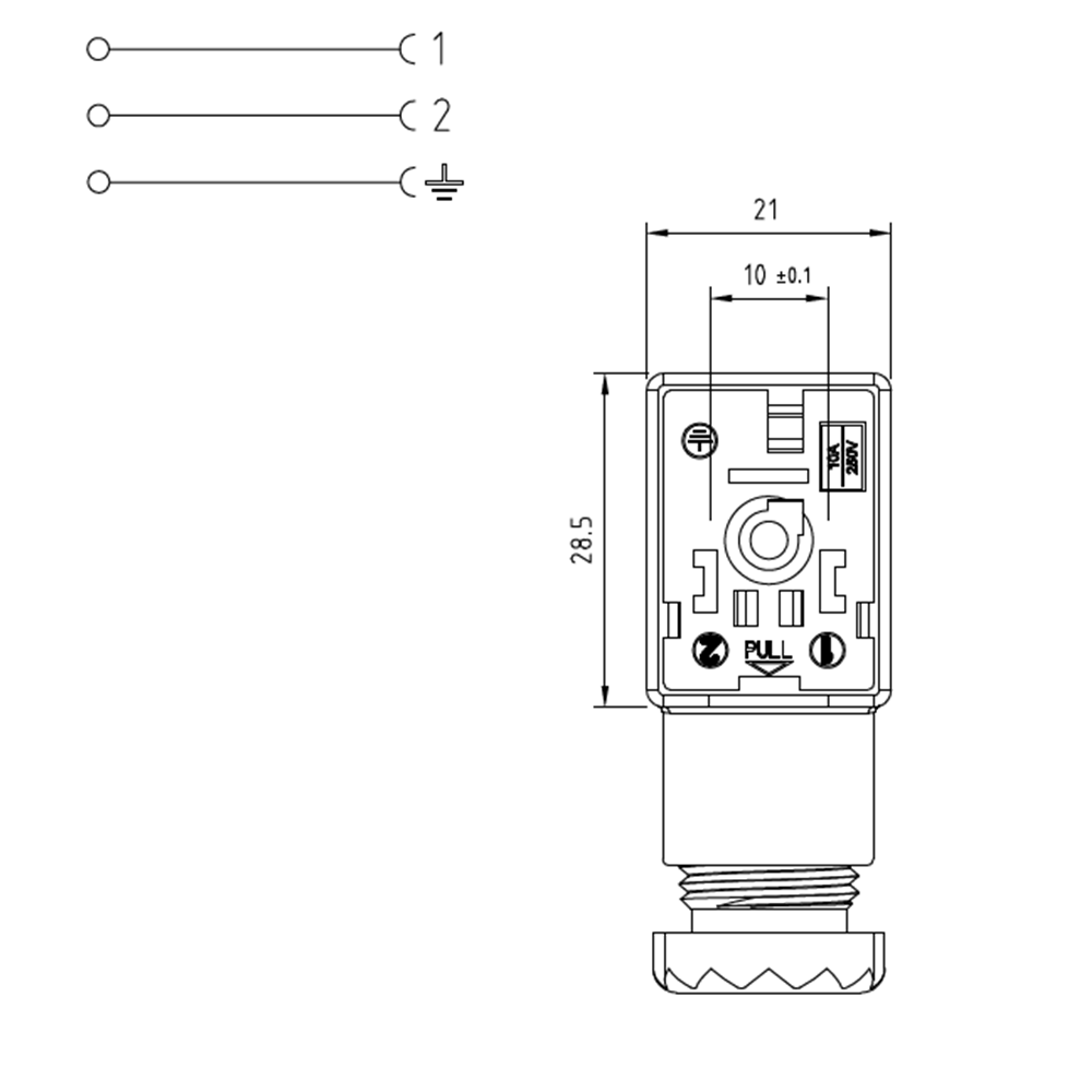 Soket, dikdörtgen, 21x28,5x30mm, ayak aralığı 10mm, 2+1 kutup, 250V AC/ 300VDC