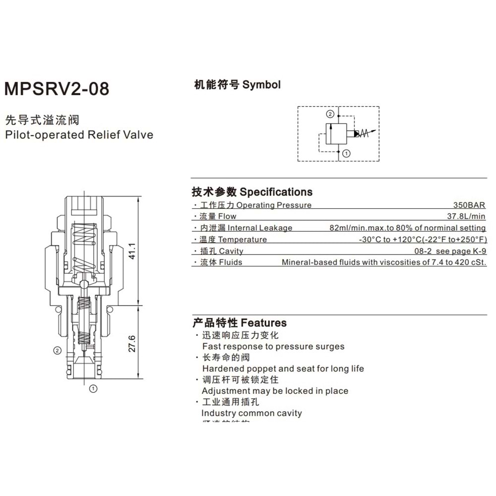 Emniyet valfi, pilot uyarılı, 38 lt, 3,5-350 bar, alyanlı, C08-2