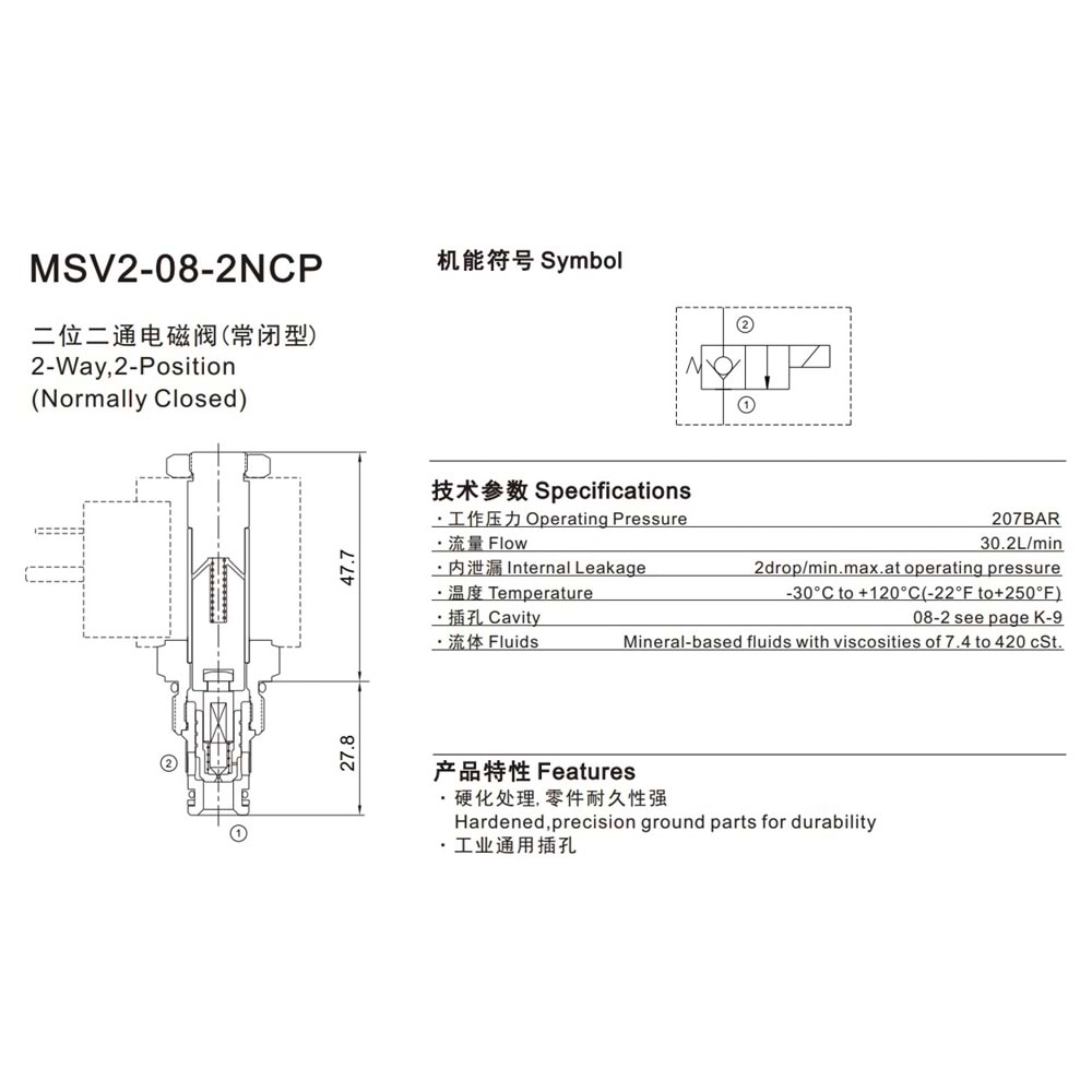 Selonoid valf, 2/2, tek çekli, NK, 30 lt, 207 bar, 12V DC, manuelli, C08-2
