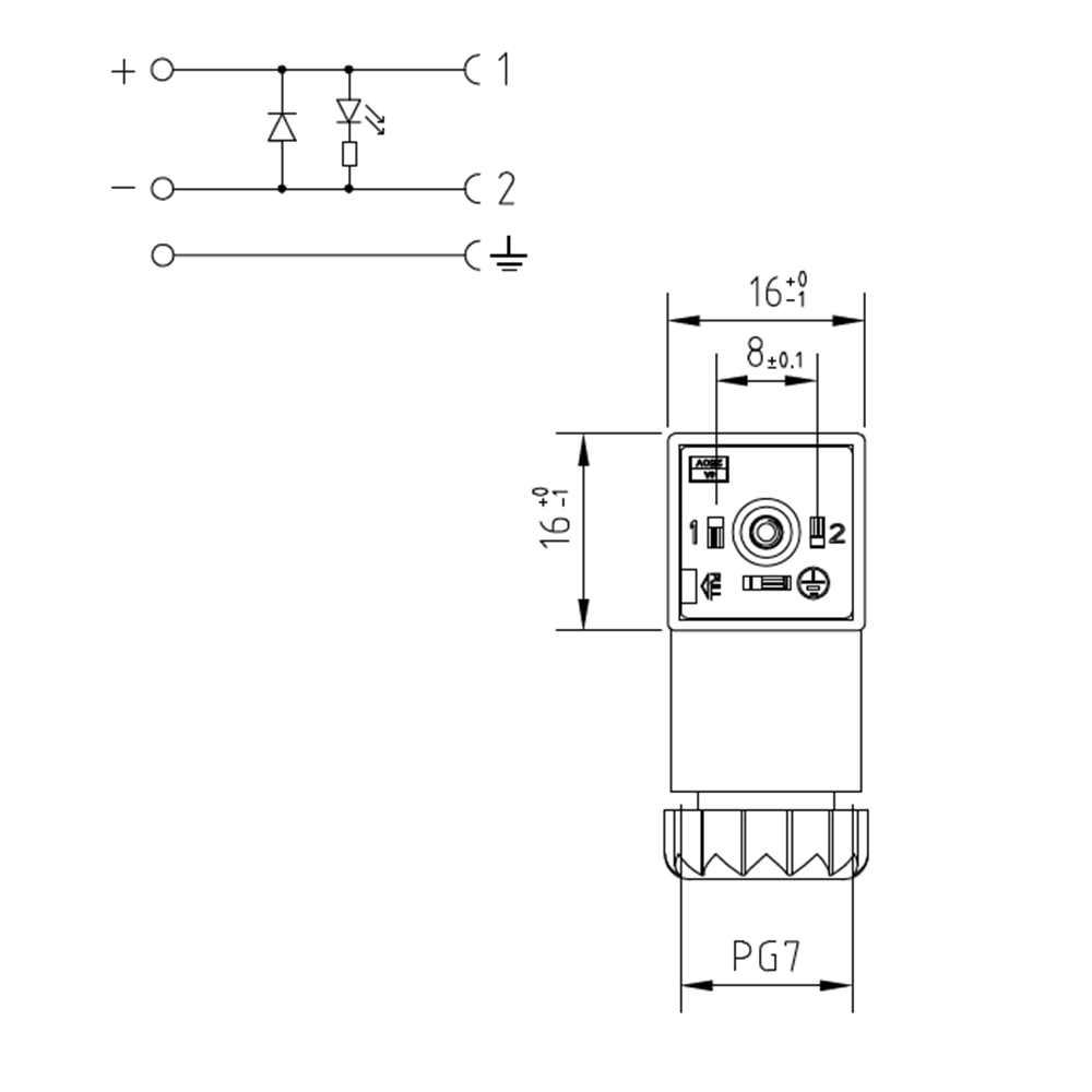 Soket, ledli, kare, 16x16x26mm, ayak aralığı 8mm, 2+1 kutup, diyotlu, 230V DC