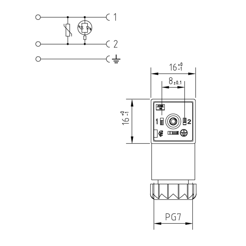 Soket, ledli, kare, 16x16x26mm, ayak aralığı 8mm, 2+1 kutup, akım korumalı, 24V AC/DC