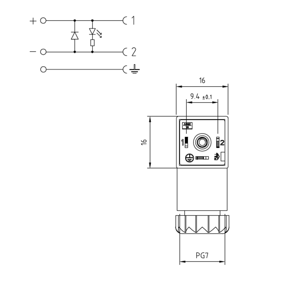 Soket, ledli, kare, 16x16x26mm, ayak aralığı 9,4mm, 2+1 kutup, diyotlu, 230V DC