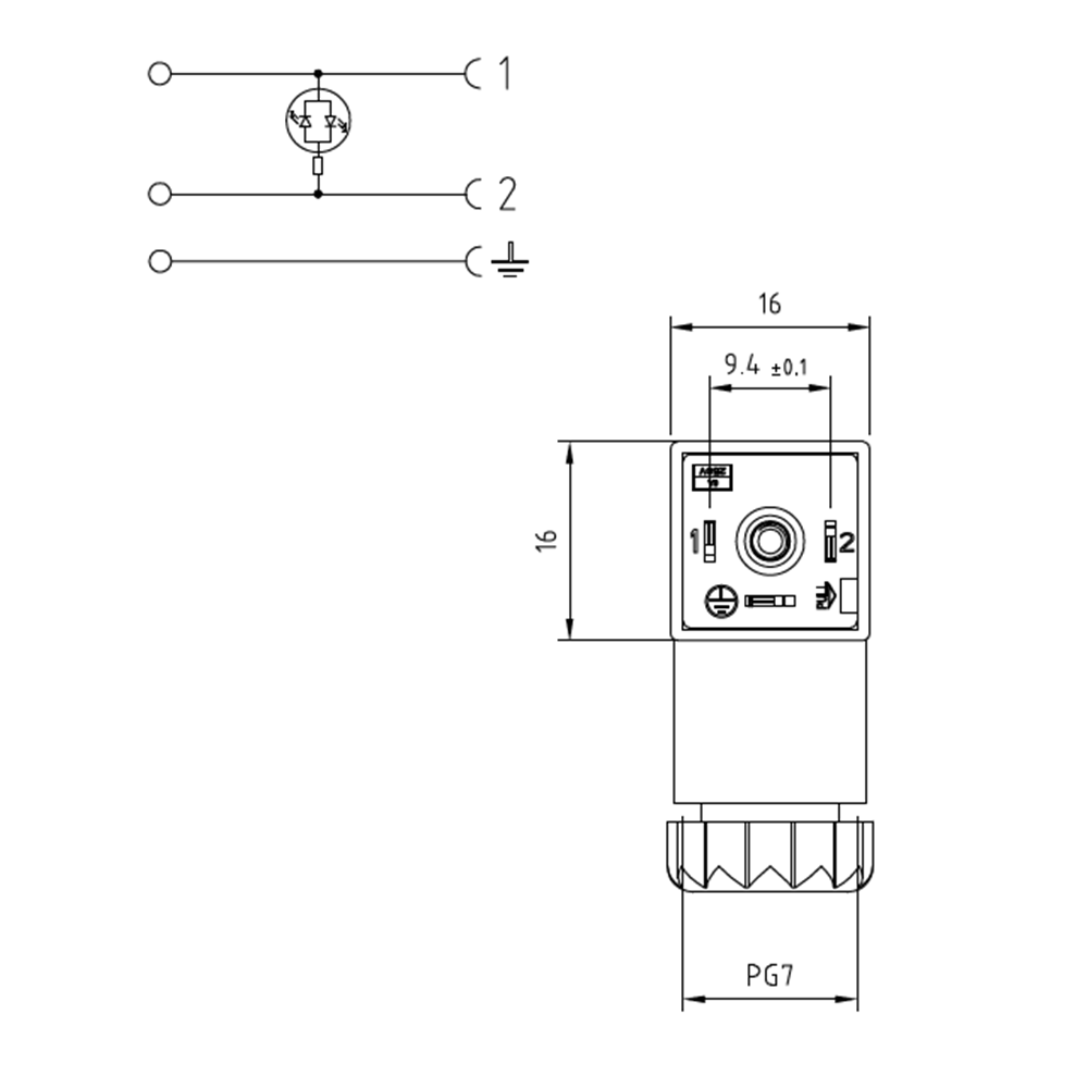 Soket, ledli, kare, 16x16x26mm, ayak aralığı 9,4mm, 2+1 kutup, 24V AC/DC
