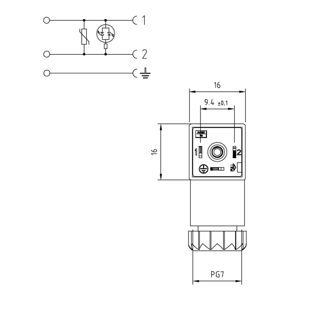 Soket, ledli, kare, 16x16x26mm, ayak aralığı 9,4mm, 2+1 kutup, akım korumalı, 24V AC/DC
