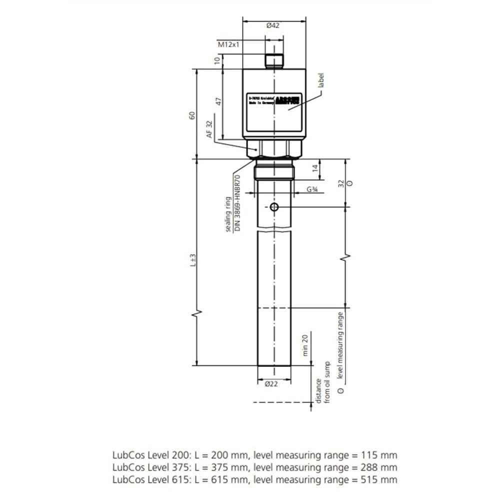Seviye Sensörü, 50 bar, 4-20mA, 375mm, G3/4