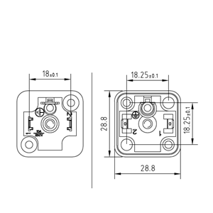 Soket bazası, kare, 28,8x28,8x9,1mm, ayak aralığı 18mm, 2+1 kutup, 250V AC/ 300VDC