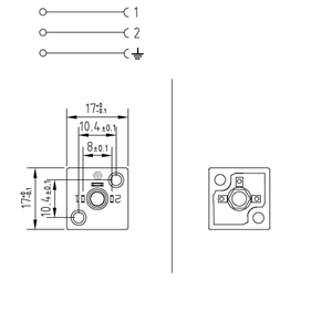 Soket bazası, kare, 17x17x8,5mm, ayak aralığı 8mm, 2+1 kutup, 250V AC/ 300VDC