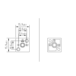Soket bazası, kare, 15,9x15,9x8,5mm, ayak aralığı 9,4mm, 2+1 kutup, 250V AC/ 300VDC