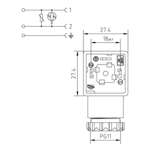 Soket, ledli, kare, 27,4x27,4x30mm, ayak aralığı 18mm, 2+1 kutup, akım korumalı, 24V AC/DC