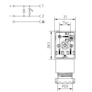 Soket, ledli, dikdörtgen, 21x28,5x30mm, ayak aralığı 11mm, 2+1 kutup, diyodlu, 24V DC