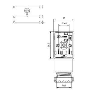 Soket, ledli, dikdörtgen, 21x28,5x30mm, ayak aralığı 11mm, 2+1 kutup, diyodlu, 24V AC/DC