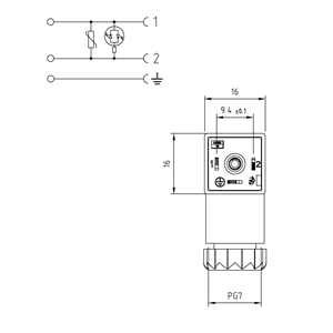 Soket, ledli, kare, 16x16x26mm, ayak aralığı 9,4mm, 2+1 kutup, akım korumalı, 24V AC/DC