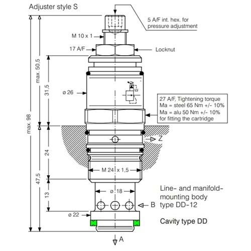 Basınç düşürücü, pilot uyarılı, 120lt, 10-65 bar, M24X1,5 (DD)