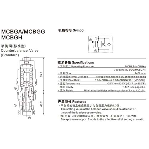 Yük tutma (Karşı denge), 240 lt, 70-280 bar (0,3 bar kır.) 3:1, T-17A