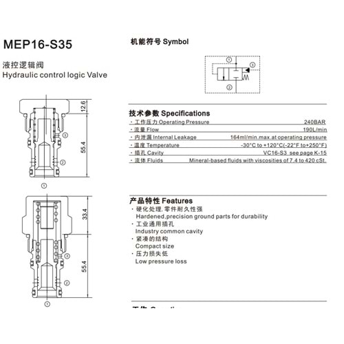 Lojik valf, dıştan pilotlu, 190 lt, 240 bar, C16-3S