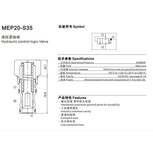Lojik valf, dıştan pilotlu, 380 lt, 345 bar, C20-3S