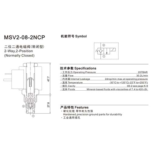 Selonoid valf, 2/2, tek çekli, NK, 30 lt, 207 bar, 12V DC, manuelli, C08-2