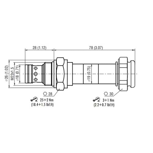 Selonoid valf, 2/2, çift çekli, çift yönlü, NA, 25lt, 250 bar, bobinsiz, QG2 - burun Ø18 - M22x1,5