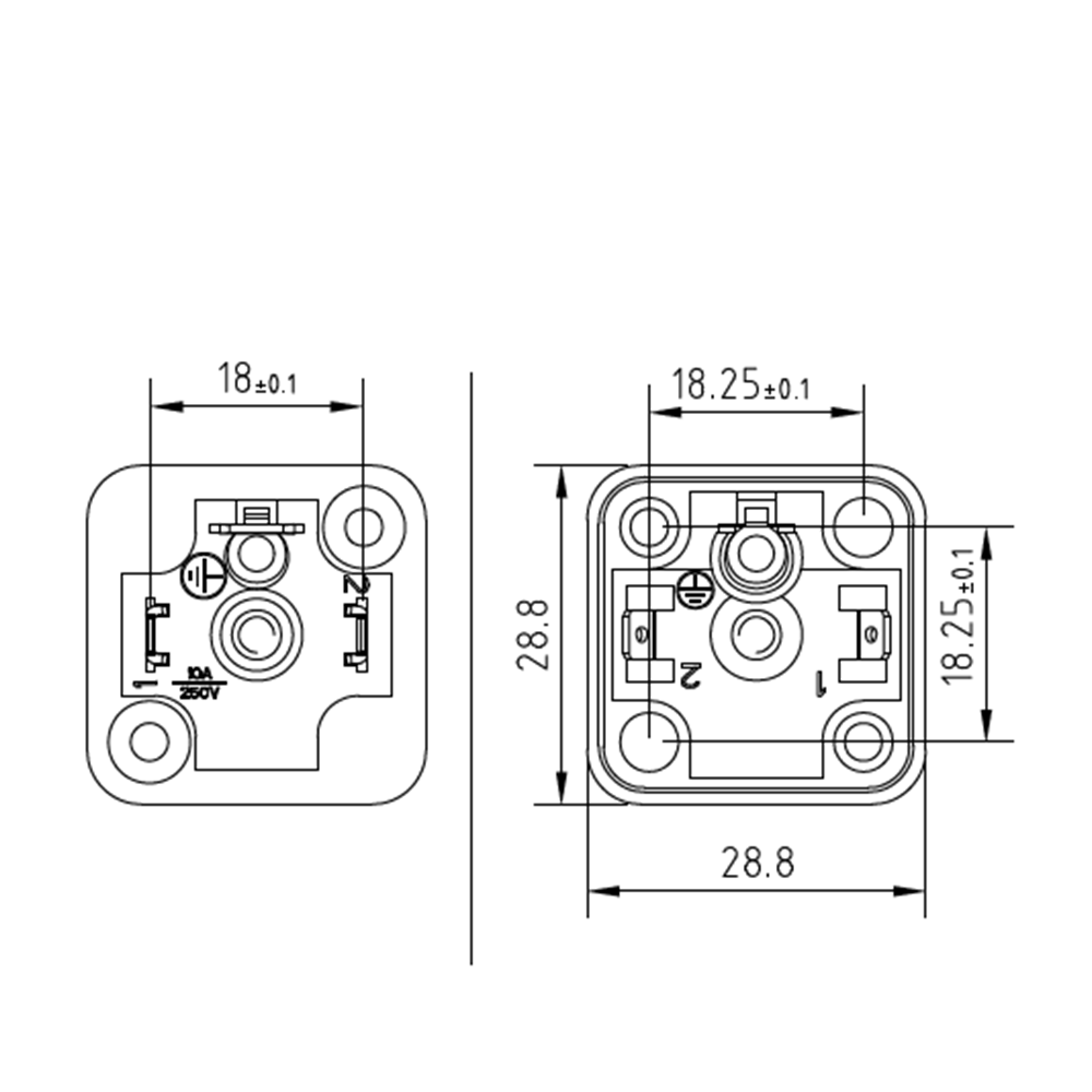 Soket bazası, kare, 28,8x28,8x9,1mm, ayak aralığı 18mm, 2+1 kutup, 250V AC/ 300VDC