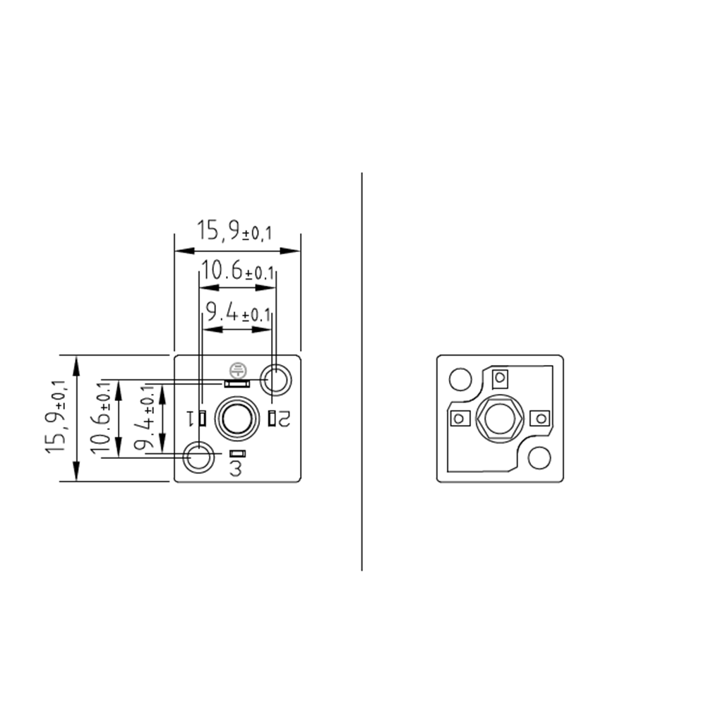 Soket bazası, kare, 15,9x15,9x8,5mm, ayak aralığı 9,4mm, 3+1 kutup, 250V AC/ 300VDC