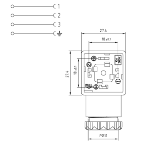Soket, kare, 27,4x27,4x30mm, ayak aralığı 18mm, 3+1 kutup, 250V AC/ 300VDC