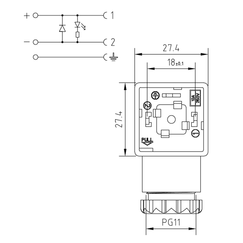 Soket, ledli, kare, 27,4x27,4x30mm, ayak aralığı 18mm, 2+1 kutup, diyodlu, 24V DC