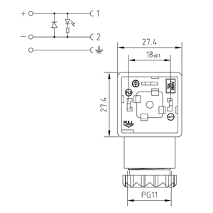 Soket, ledli, kare, 27,4x27,4x30mm, ayak aralığı 18mm, 2+1 kutup, diyodlu, 24V DC