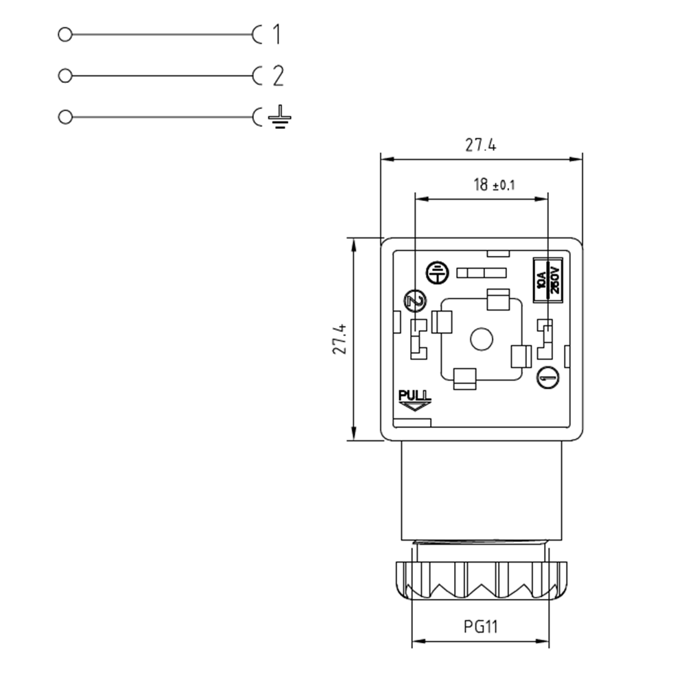 Soket, kare, 27,4x27,4x30mm, ayak aralığı 18mm, 2+1 kutup, 250V AC/ 300VDC