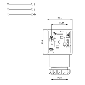 Soket, kare, 27,4x27,4x30mm, ayak aralığı 18mm, 2+1 kutup, 250V AC/ 300VDC