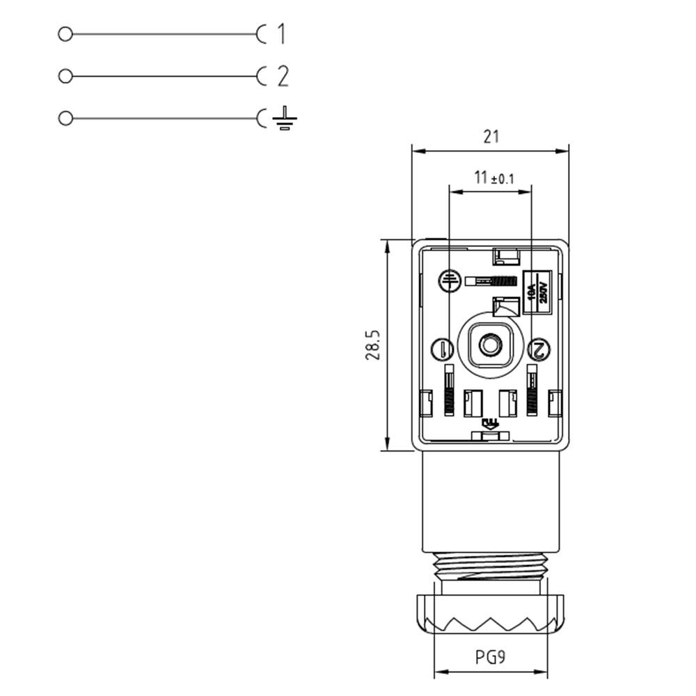 Soket, dikdörtgen, 21x28,5x30mm, ayak aralığı 11mm, 2+1 kutup, 250V AC/ 300VDC