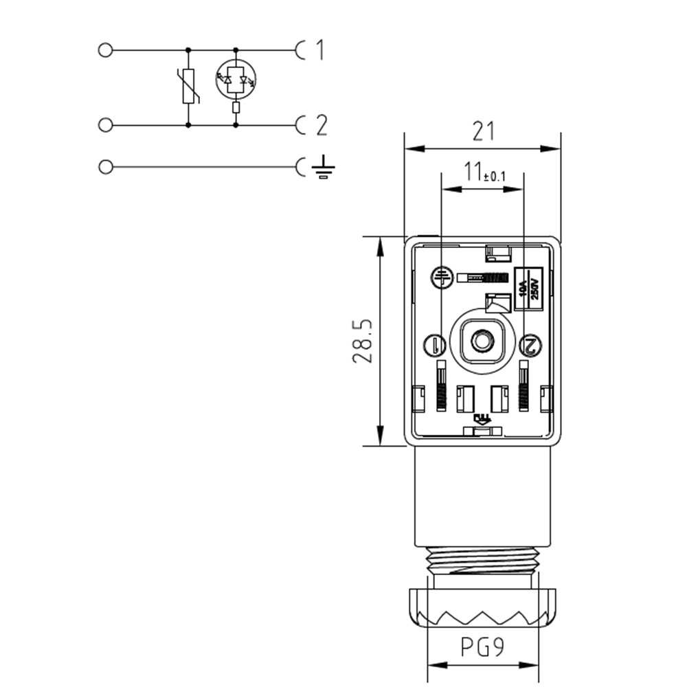 Soket, ledli, dikdörtgen, 21x28,5x30mm, ayak aralığı 11mm, 2+1 kutup, akım korumalı, 230V AC/DC