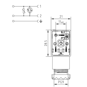 Soket, ledli, dikdörtgen, 21x28,5x30mm, ayak aralığı 11mm, 2+1 kutup, akım korumalı, 230V AC/DC