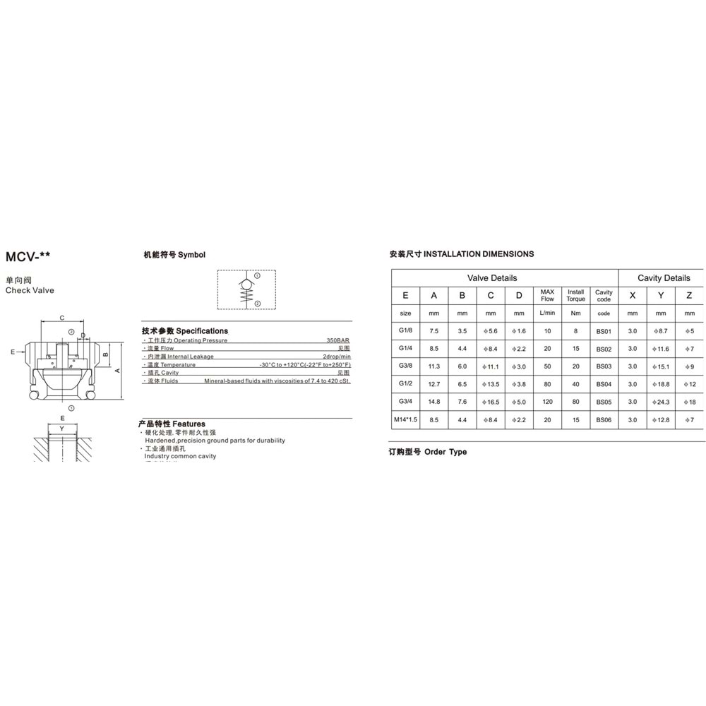 Çekvalf, Gömme tip, çift yönlü montaj, 80 lt, 350 bar, G1/2